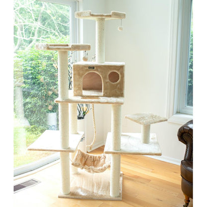 72" Beige Real Wood Cat Tree With Spacious Condo, Sratching Post