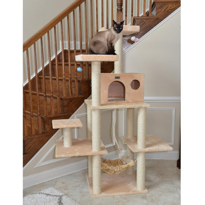 72" Beige Real Wood Cat Tree With Spacious Condo, Sratching Post