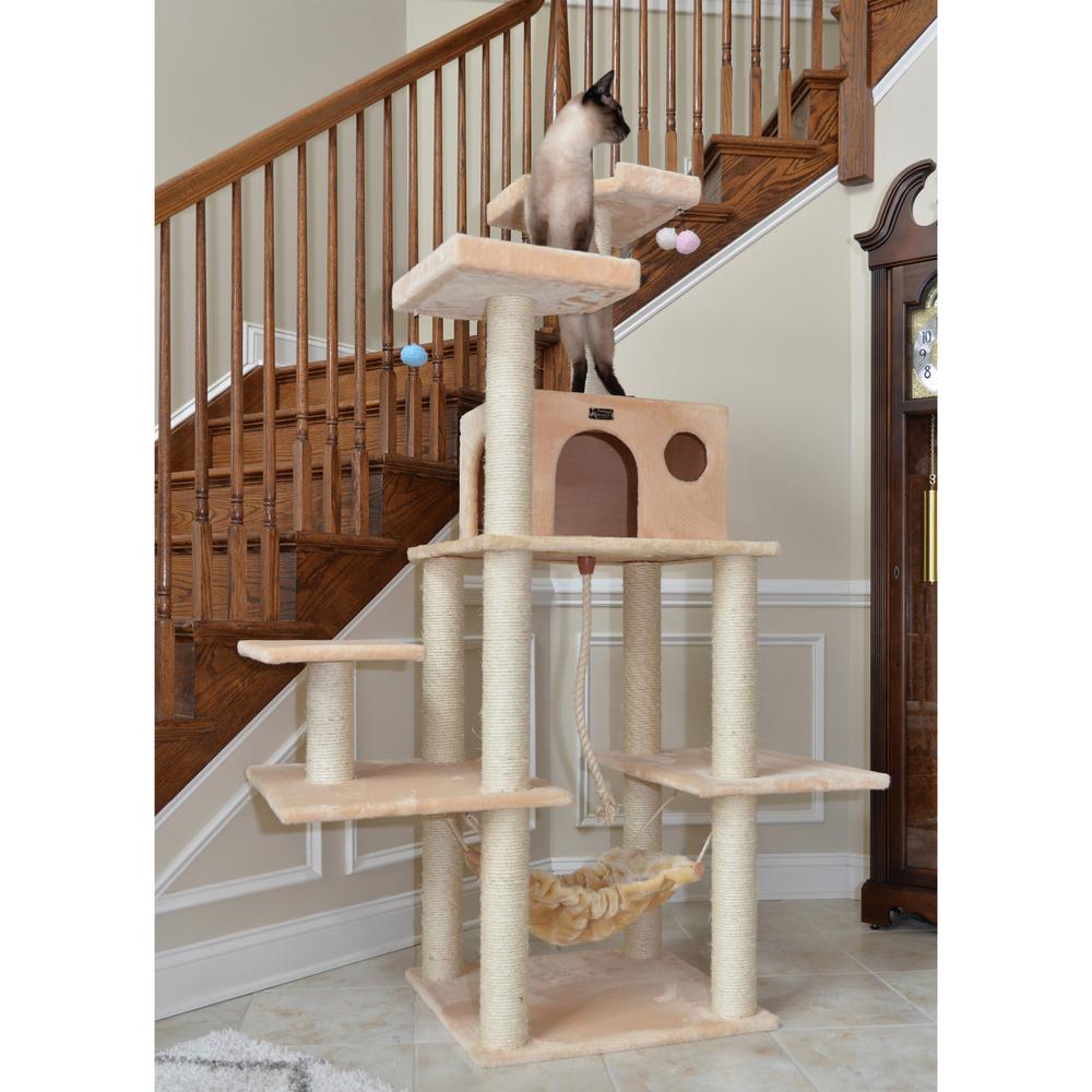 72" Beige Real Wood Cat Tree With Spacious Condo, Sratching Post