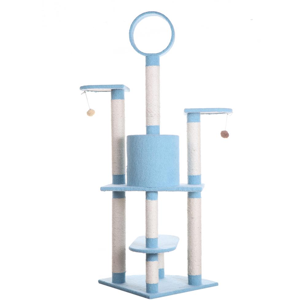 65-Inch Classic Real Wood Cat Tree In Sky Blue, Five Levels