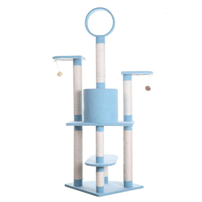 65-Inch Classic Real Wood Cat Tree In Sky Blue, Five Levels