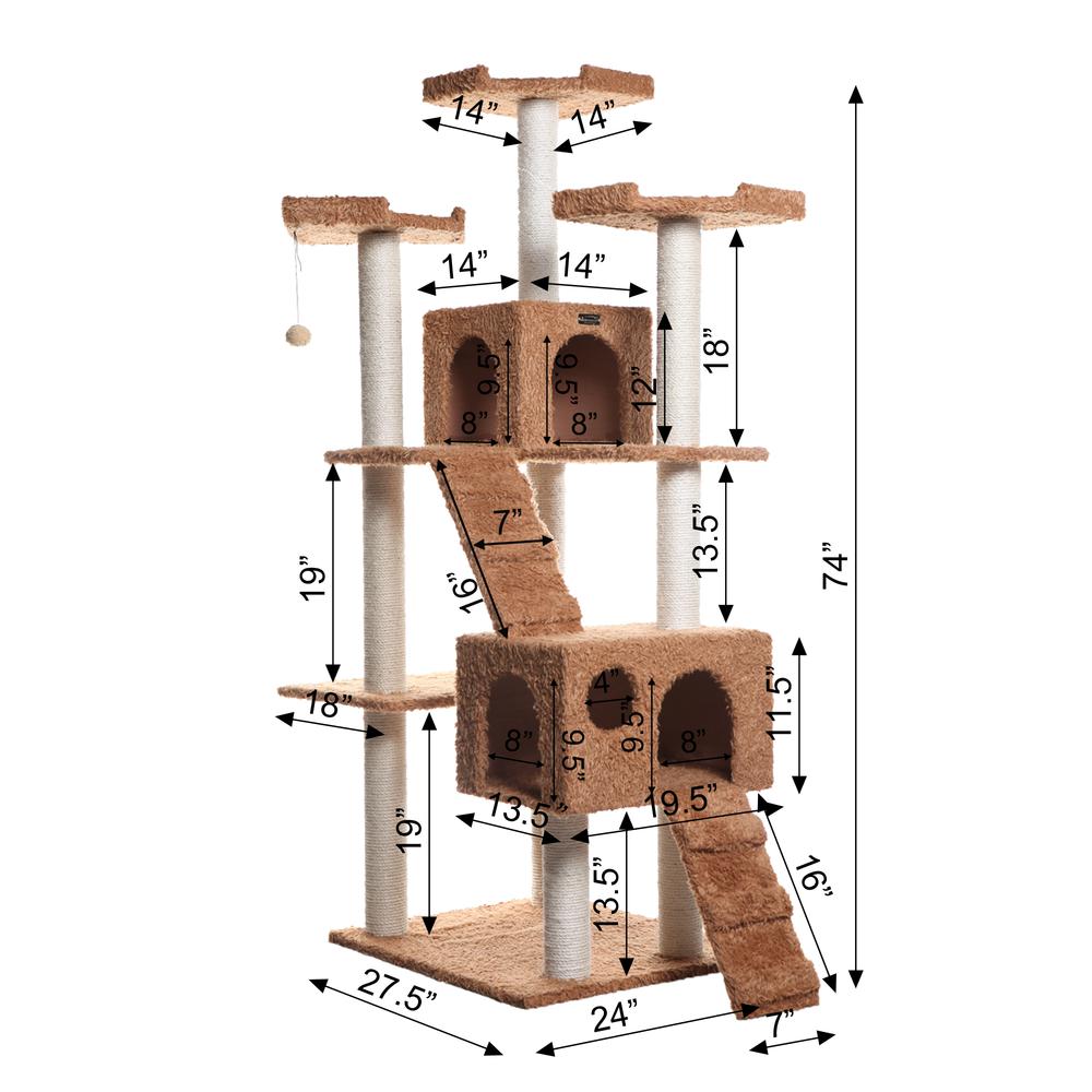 74" Multi-Level Real Wood Cat Tree Large With Sratchhing Posts,Ochre Brown