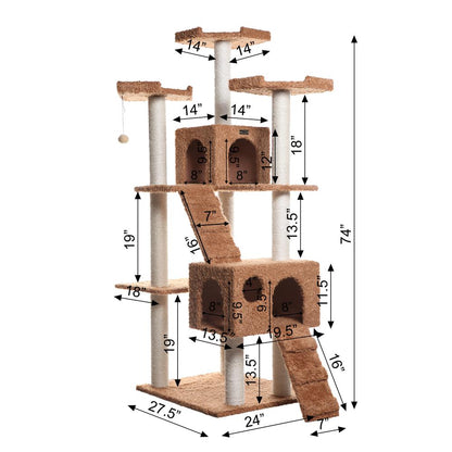 74" Multi-Level Real Wood Cat Tree Large With Sratchhing Posts,Ochre Brown