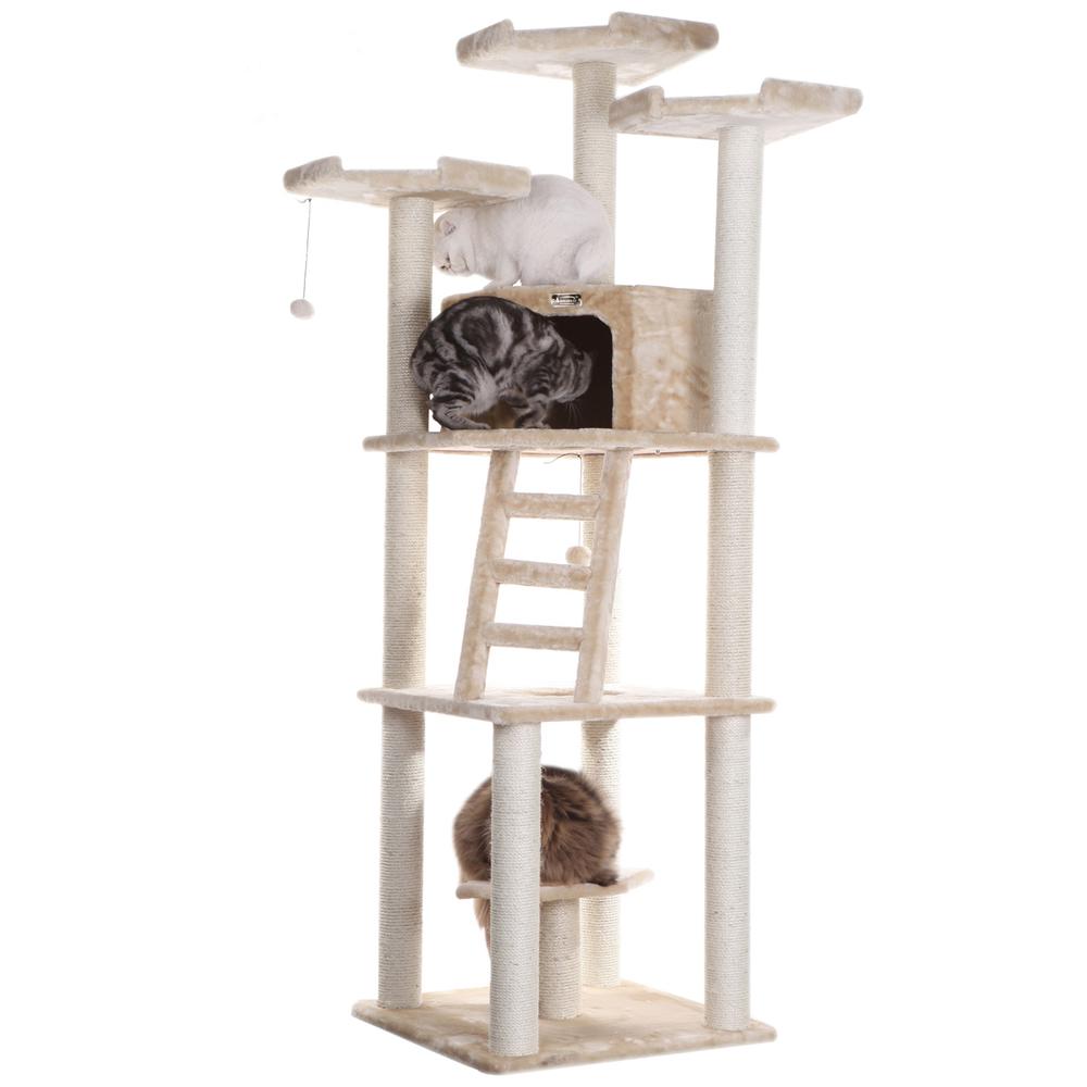 Multi-Function Real Wood Cat Tower W Spacious Condo, Perches Beige