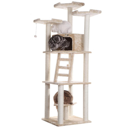 Multi-Function Real Wood Cat Tower W Spacious Condo, Perches Beige