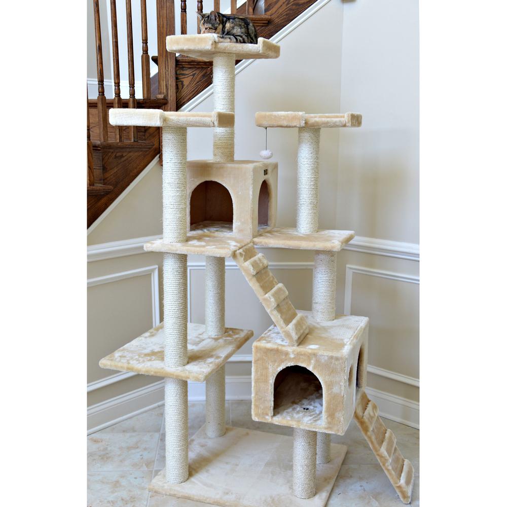 74" Multi-Level Real Wood Cat Tree Large With Sratchhing Posts, Beige