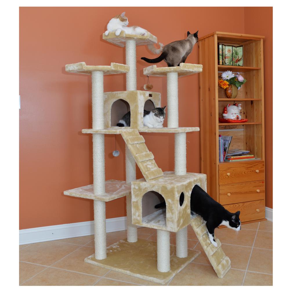 74" Multi-Level Real Wood Cat Tree Large With Sratchhing Posts, Beige