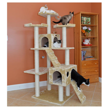 74" Multi-Level Real Wood Cat Tree Large With Sratchhing Posts, Beige