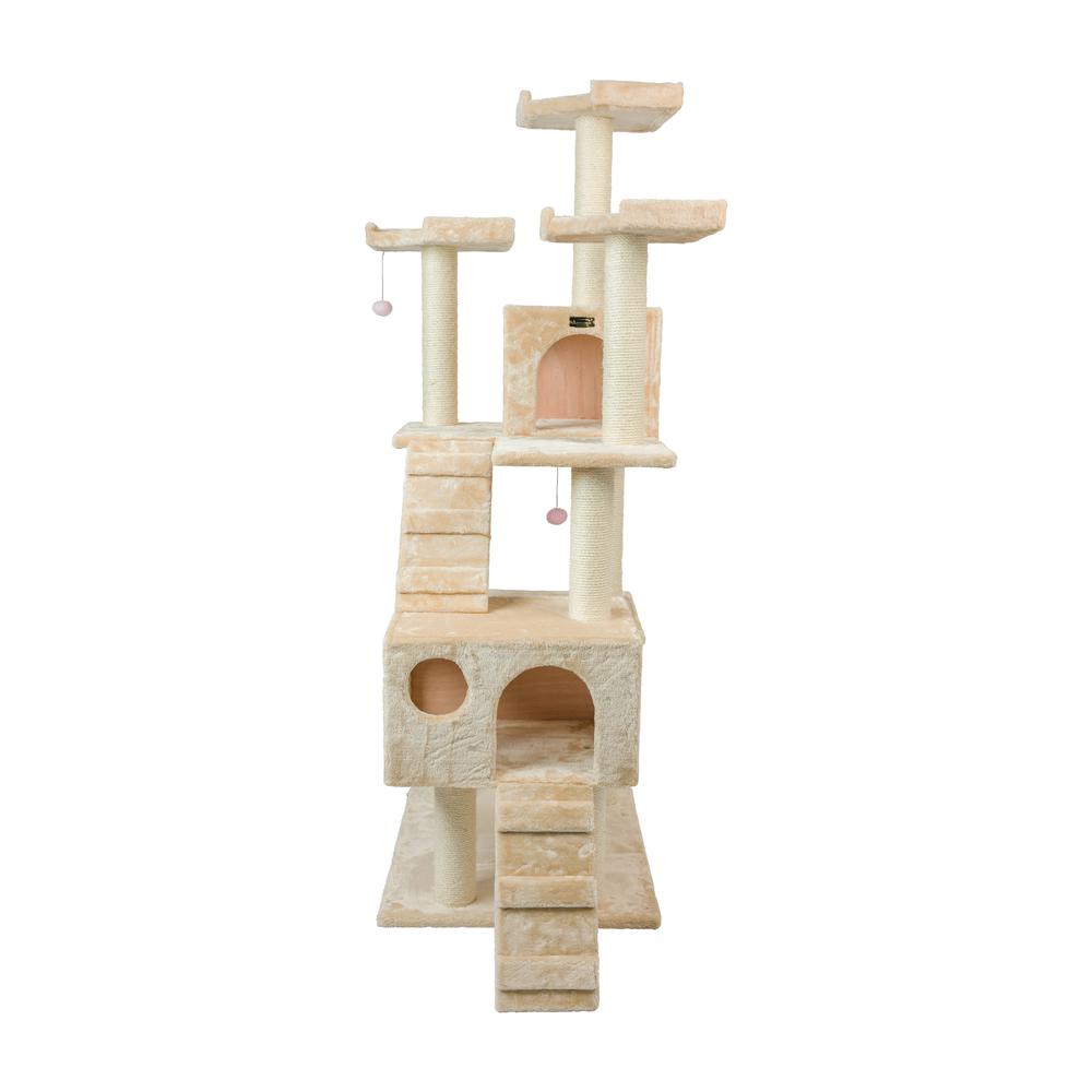 74" Multi-Level Real Wood Cat Tree Large With Sratchhing Posts, Beige