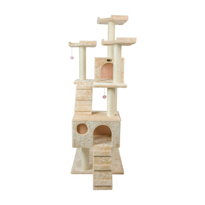 74" Multi-Level Real Wood Cat Tree Large With Sratchhing Posts, Beige