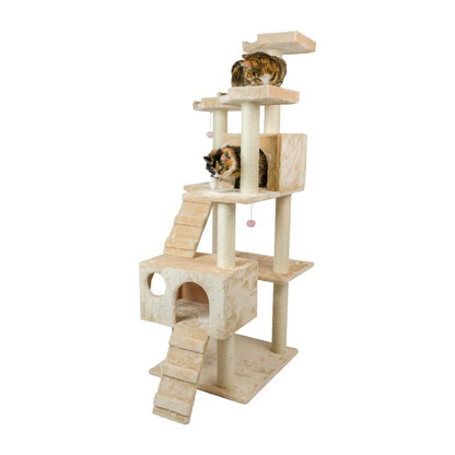 74" Multi-Level Real Wood Cat Tree Large With Sratchhing Posts, Beige