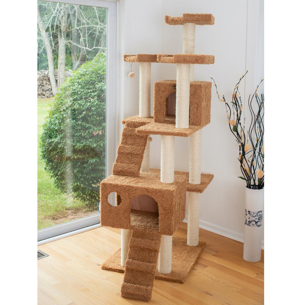 74" Multi-Level Real Wood Cat Tree Large With Sratchhing Posts,Ochre Brown