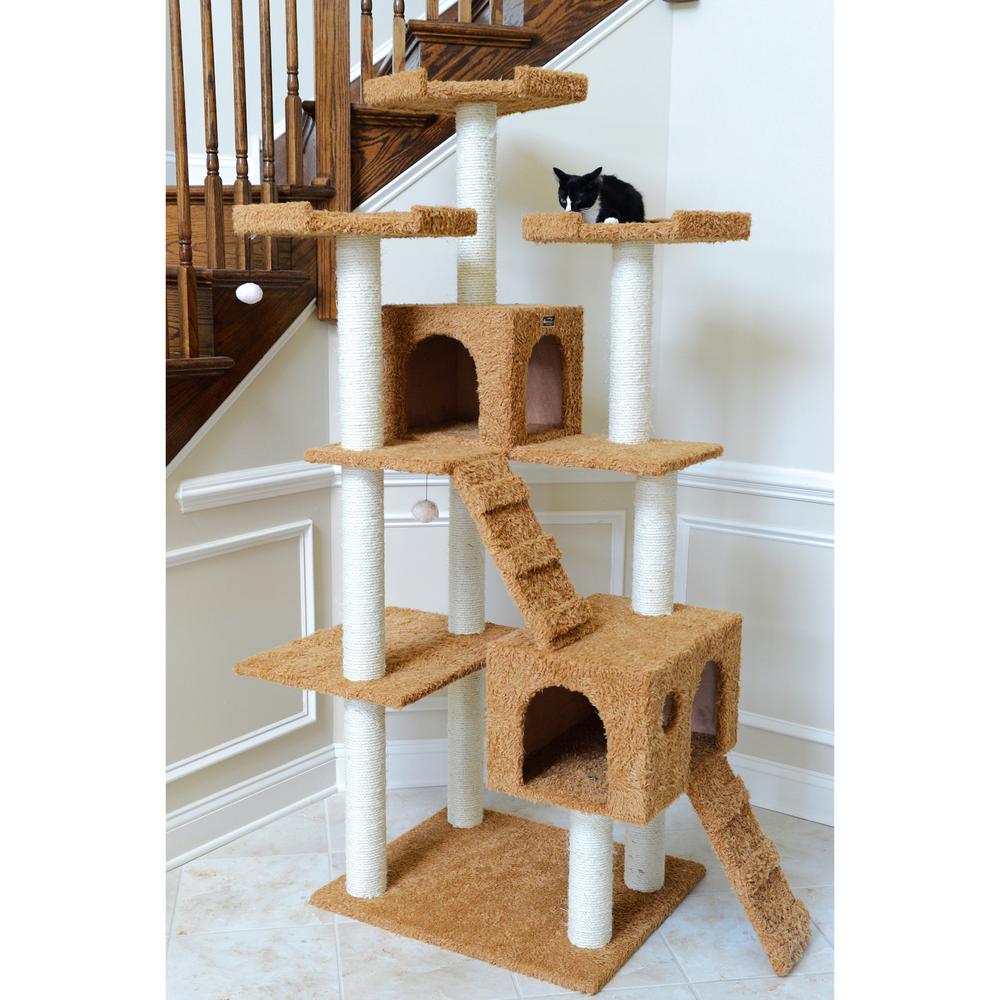 74" Multi-Level Real Wood Cat Tree Large With Sratchhing Posts,Ochre Brown