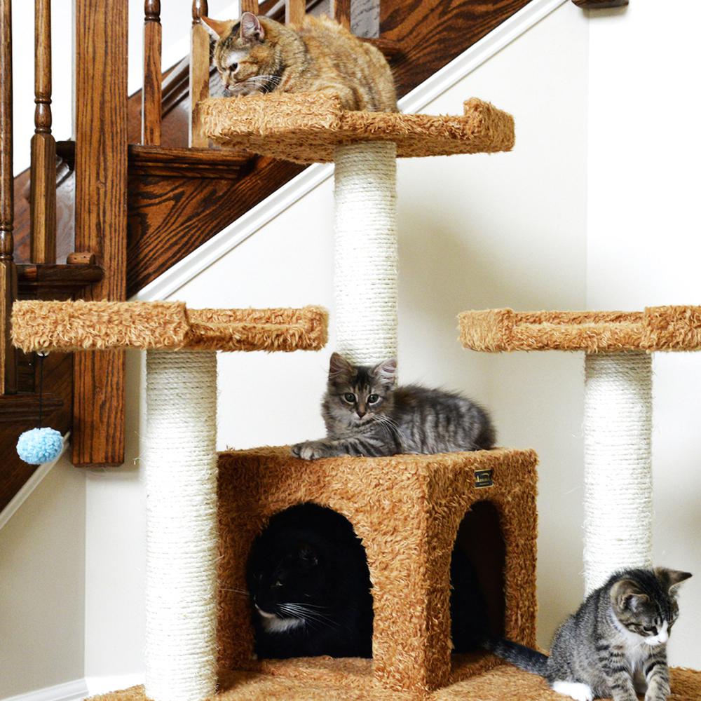 74" Multi-Level Real Wood Cat Tree Large With Sratchhing Posts,Ochre Brown