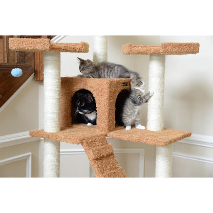 74" Multi-Level Real Wood Cat Tree Large With Sratchhing Posts,Ochre Brown