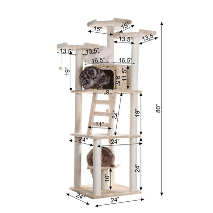 Multi-Function Real Wood Cat Tower W Spacious Condo, Perches Beige