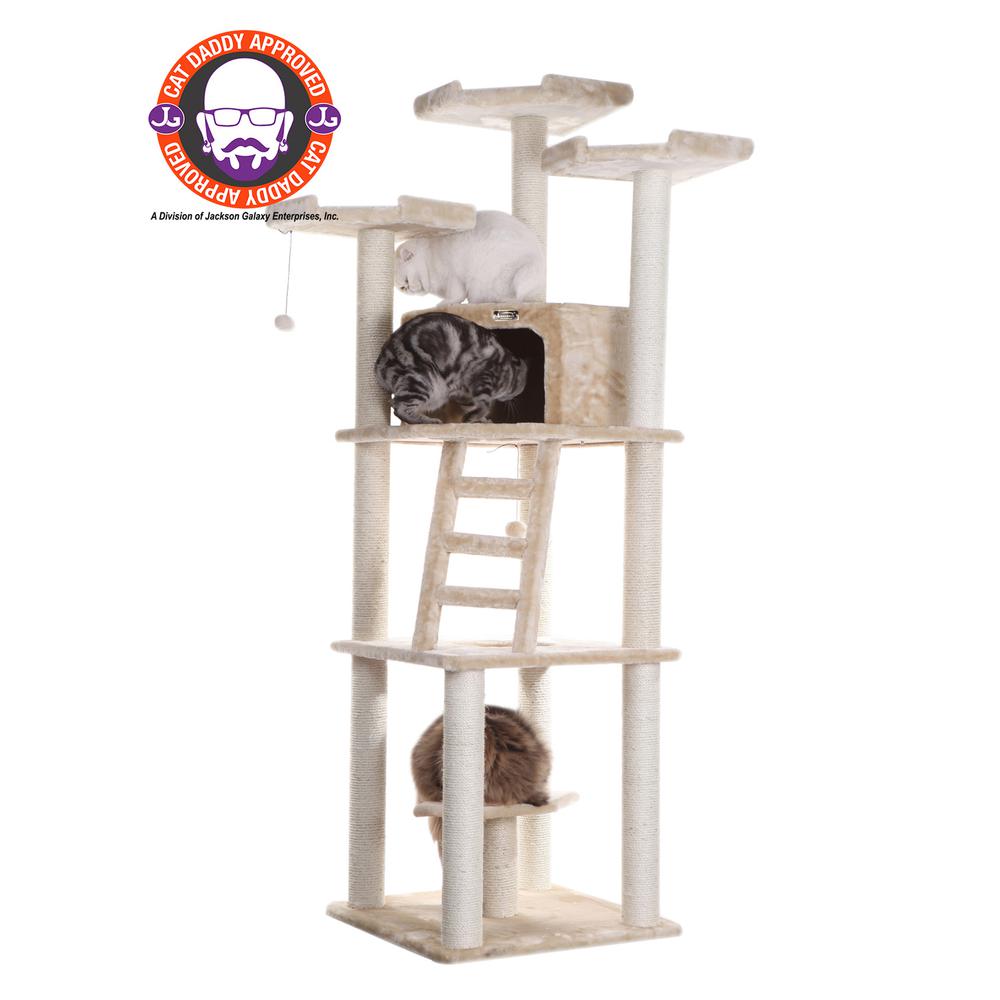 Multi-Function Real Wood Cat Tower W Spacious Condo, Perches Beige