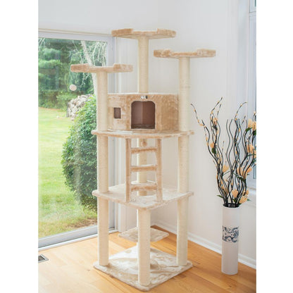 Multi-Function Real Wood Cat Tower W Spacious Condo, Perches Beige