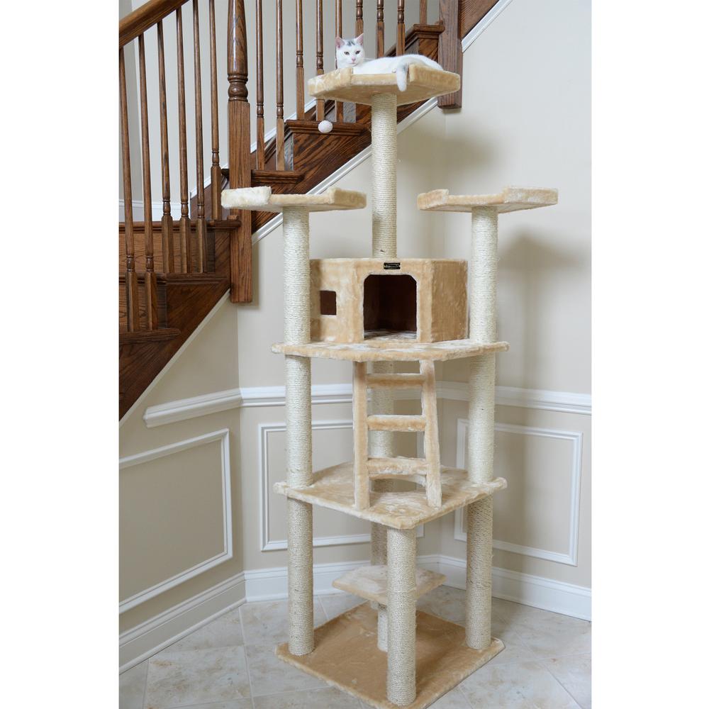 Multi-Function Real Wood Cat Tower W Spacious Condo, Perches Beige