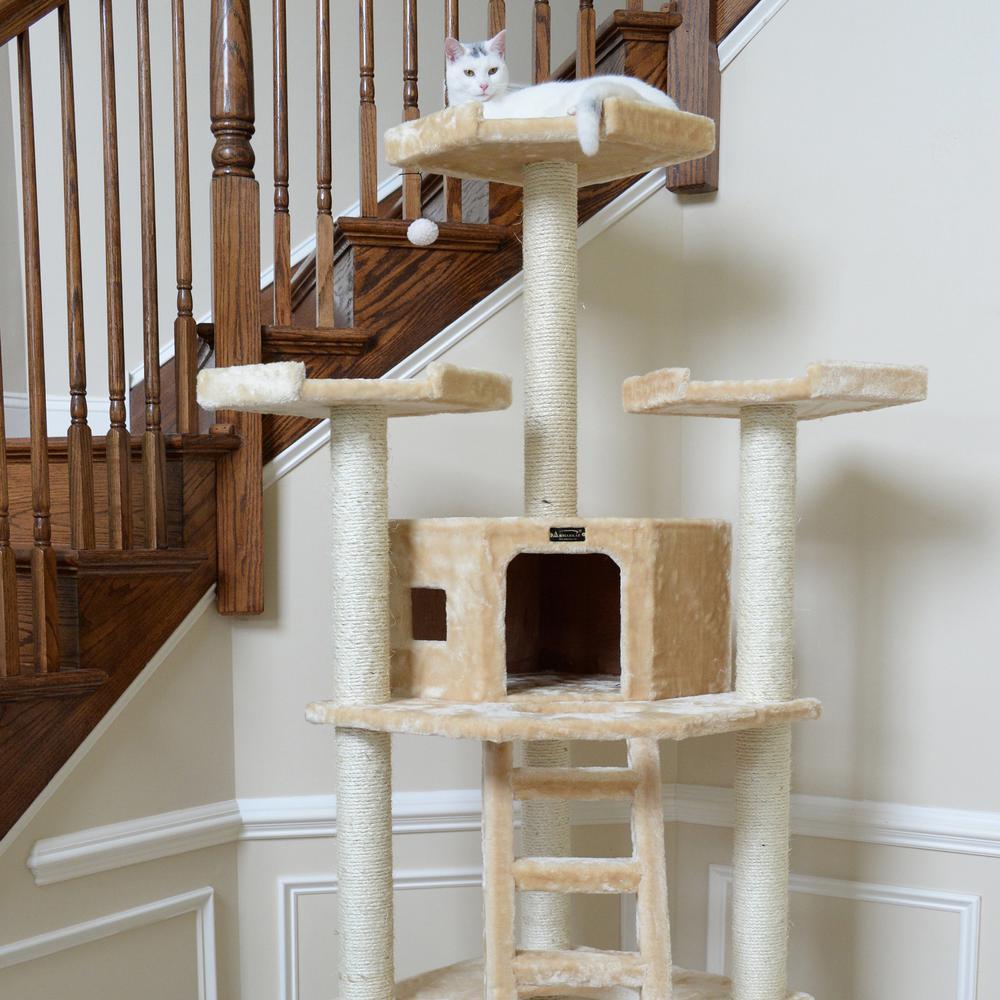 Multi-Function Real Wood Cat Tower W Spacious Condo, Perches Beige