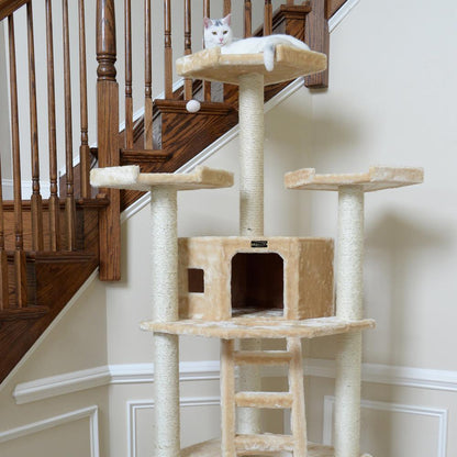 Multi-Function Real Wood Cat Tower W Spacious Condo, Perches Beige