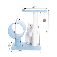 Sky Blue 25" Real Wood Cat Tree With Scratcher And Tunnel For Privacy And Hiding