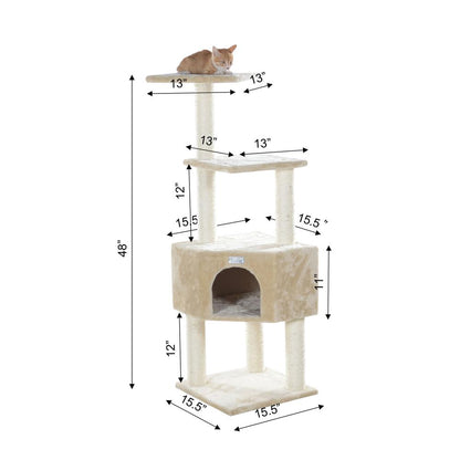48-Inch Real Wood Cat Tree In Beige With Perch And Playhouse