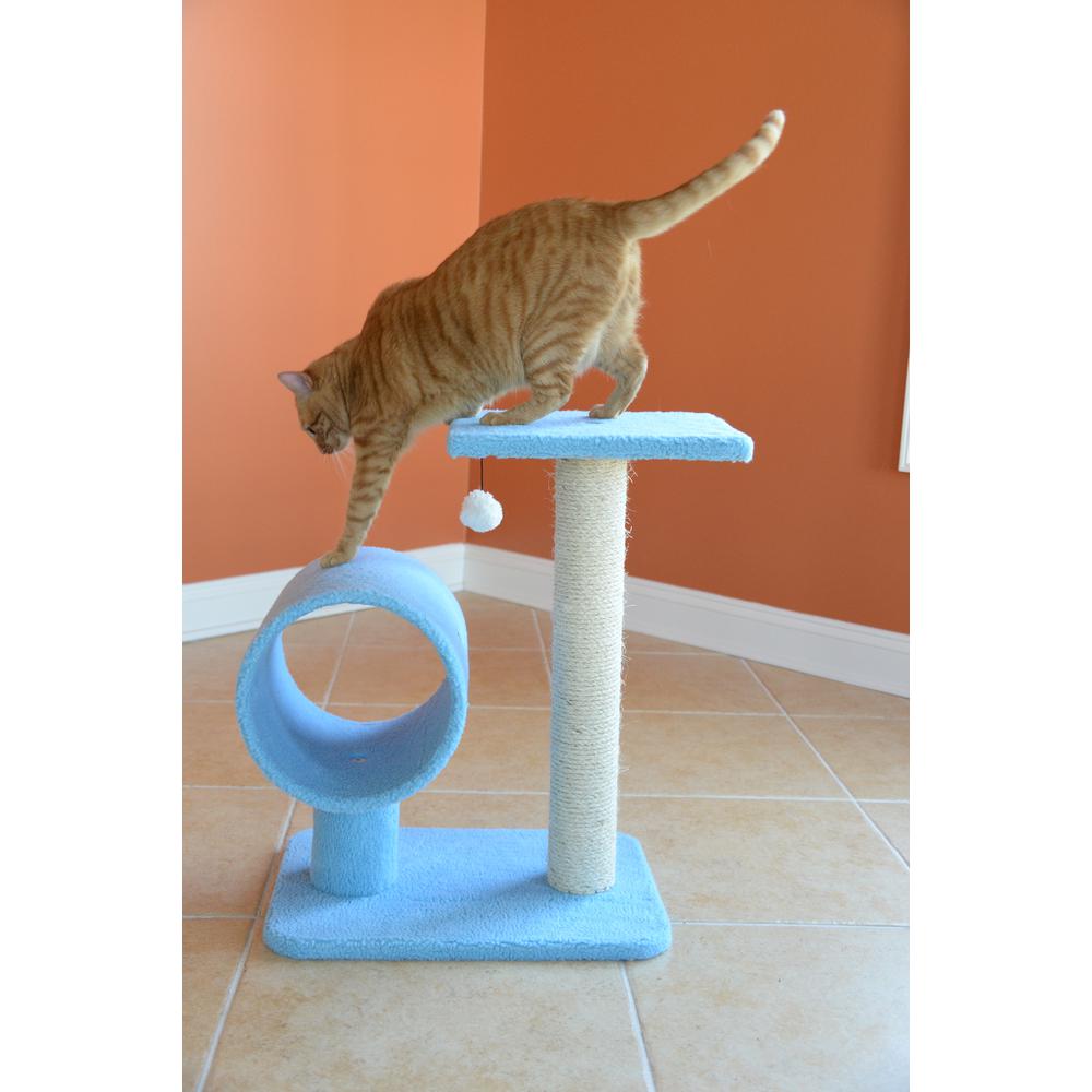 Sky Blue 25" Real Wood Cat Tree With Scratcher And Tunnel For Privacy And Hiding
