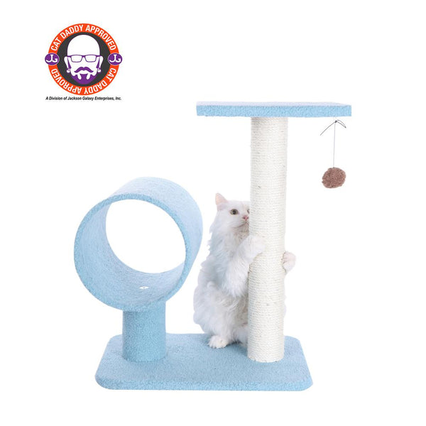 Sky Blue 25" Real Wood Cat Tree With Scratcher And Tunnel For Privacy And Hiding