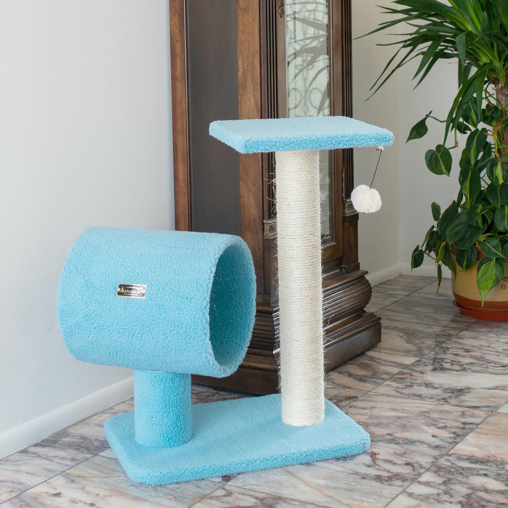 Sky Blue 25" Real Wood Cat Tree With Scratcher And Tunnel For Privacy And Hiding