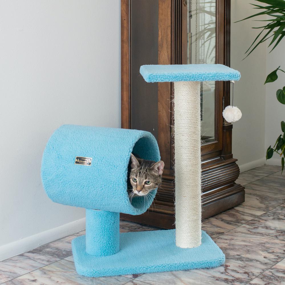 Sky Blue 25" Real Wood Cat Tree With Scratcher And Tunnel For Privacy And Hiding