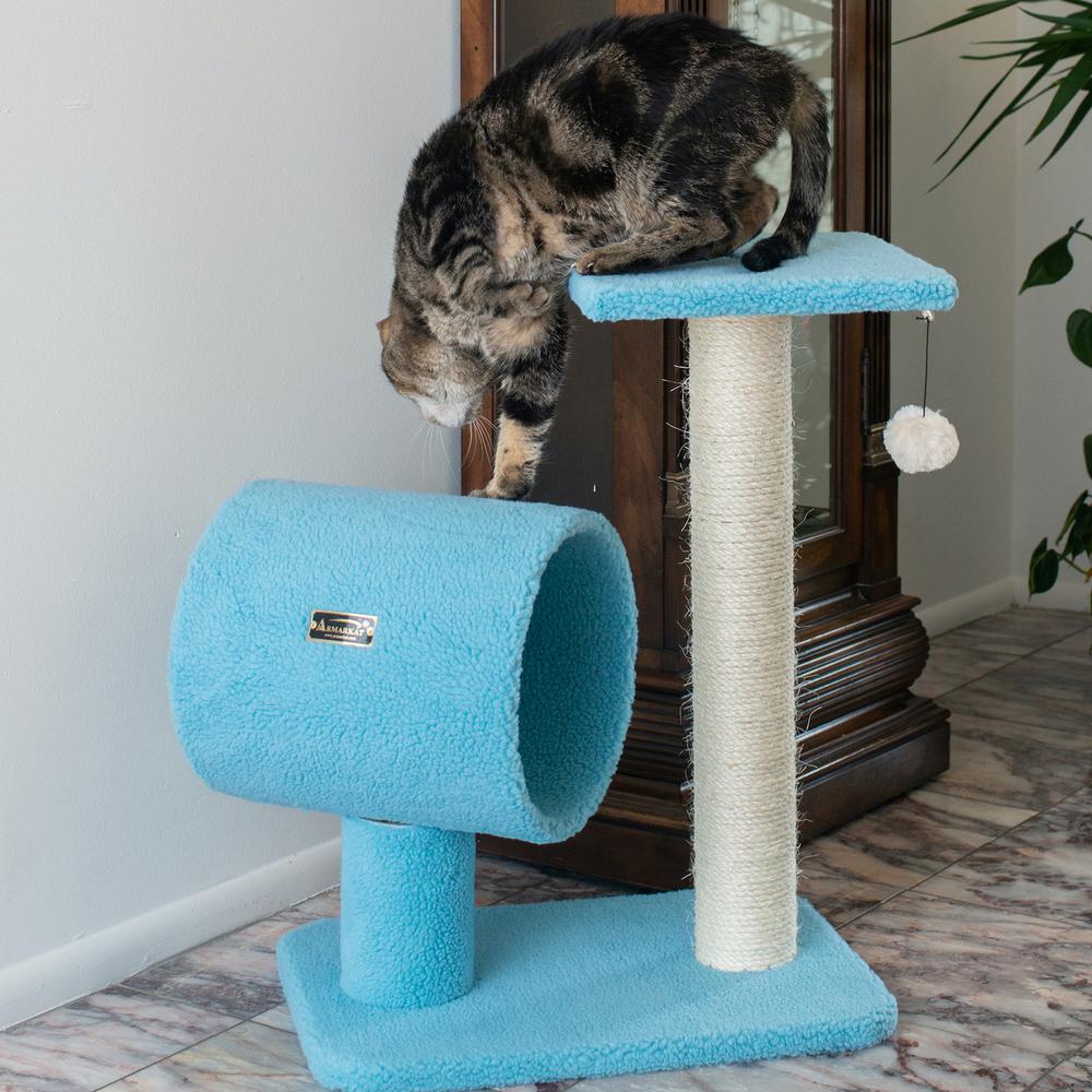 Sky Blue 25" Real Wood Cat Tree With Scratcher And Tunnel For Privacy And Hiding