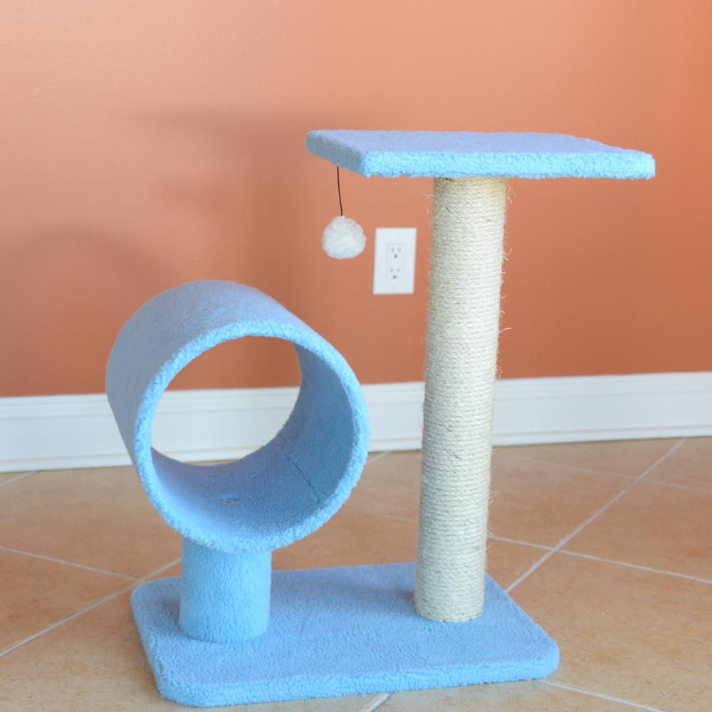 Sky Blue 25" Real Wood Cat Tree With Scratcher And Tunnel For Privacy And Hiding