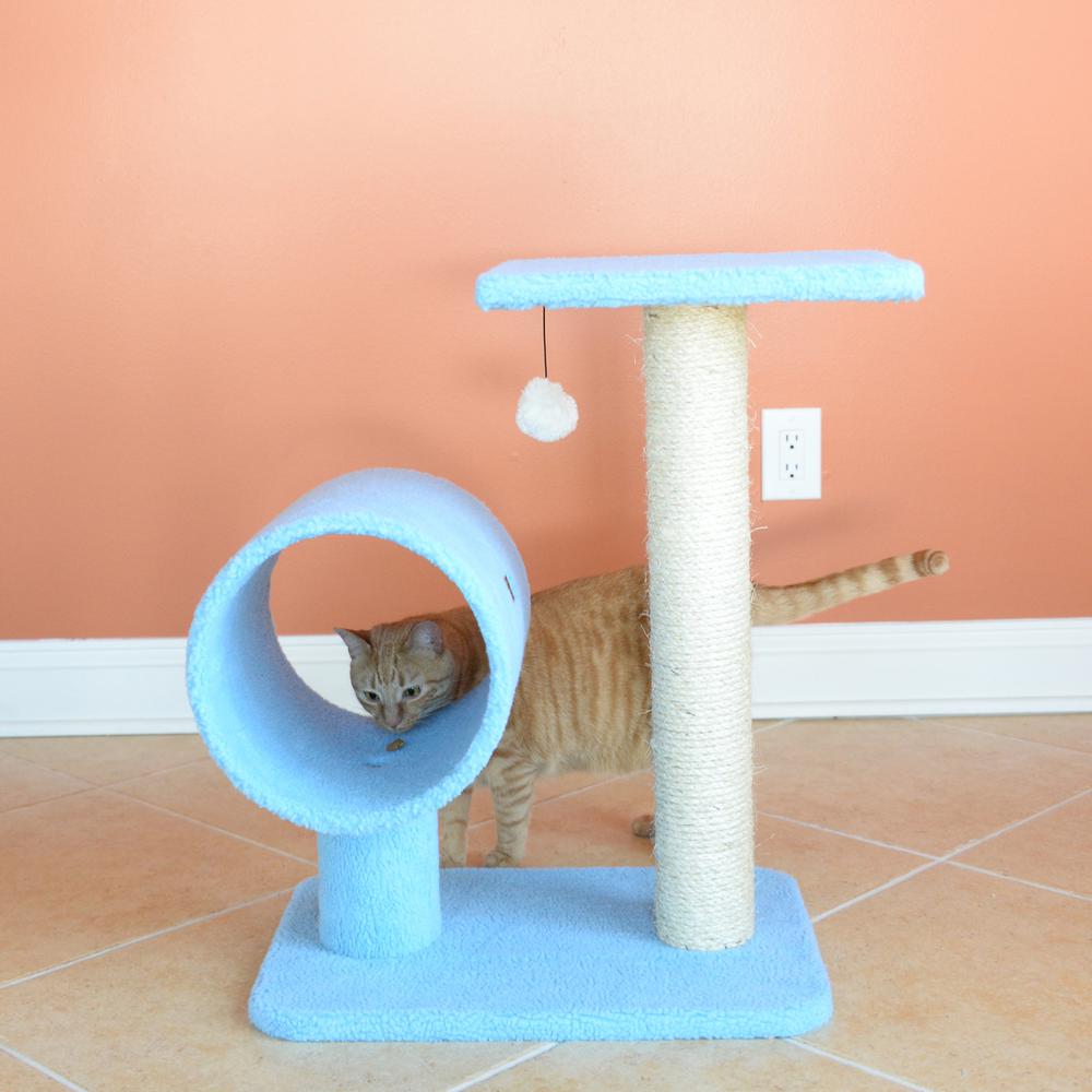 Sky Blue 25" Real Wood Cat Tree With Scratcher And Tunnel For Privacy And Hiding