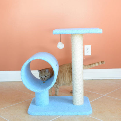 Sky Blue 25" Real Wood Cat Tree With Scratcher And Tunnel For Privacy And Hiding
