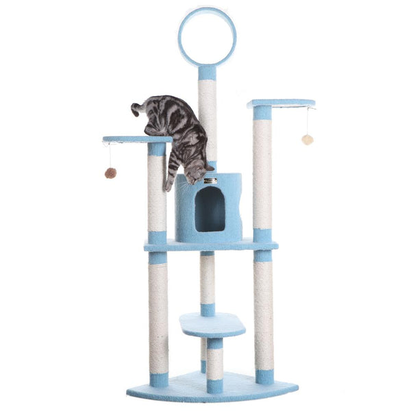 65-Inch Classic Real Wood Cat Tree In Sky Blue, Five Levels