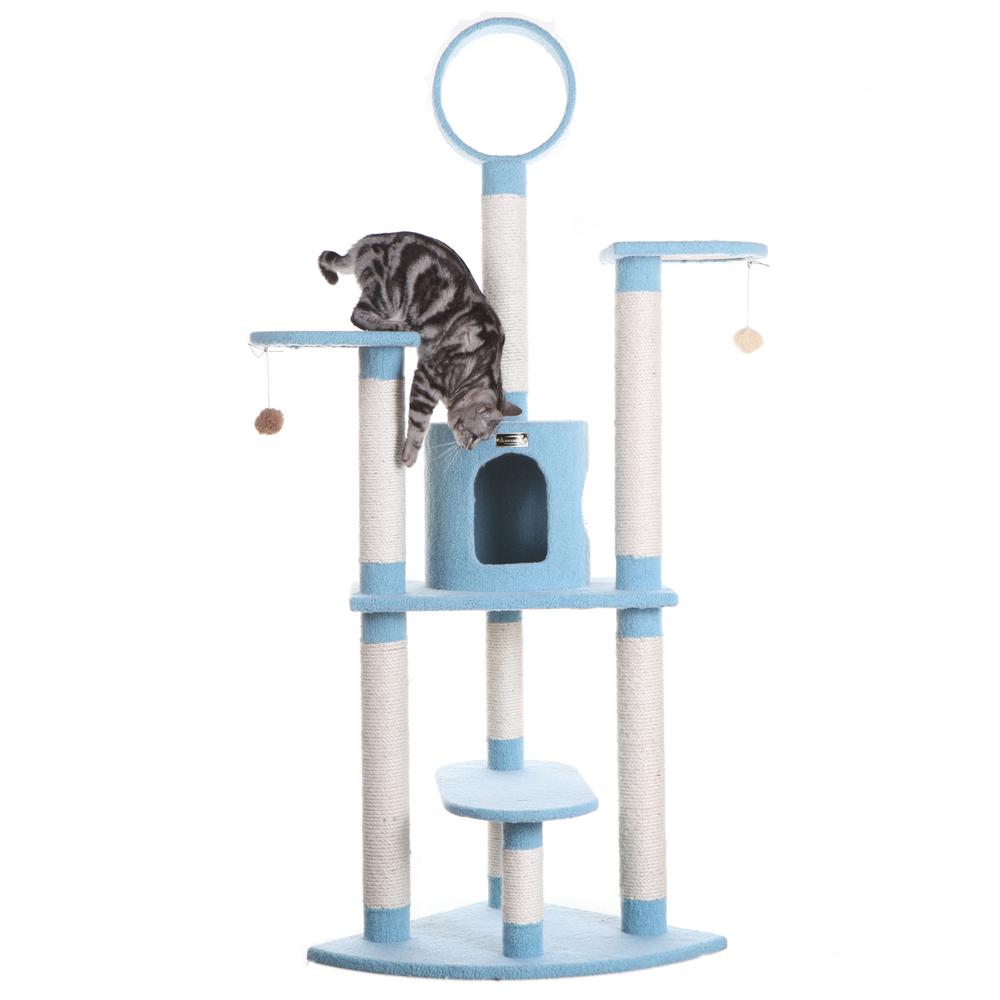 65-Inch Classic Real Wood Cat Tree In Sky Blue, Five Levels