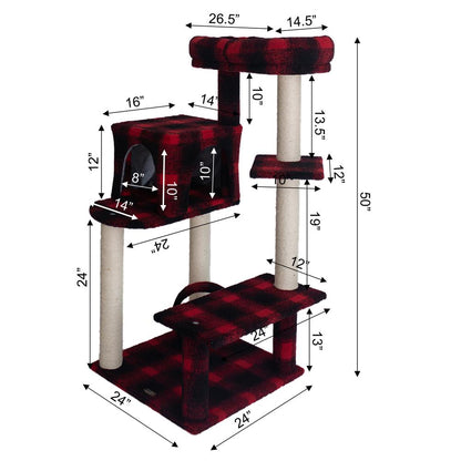 50-Inch Classic Real Wood Cat Tree With Veranda, Bench, Mini Perch