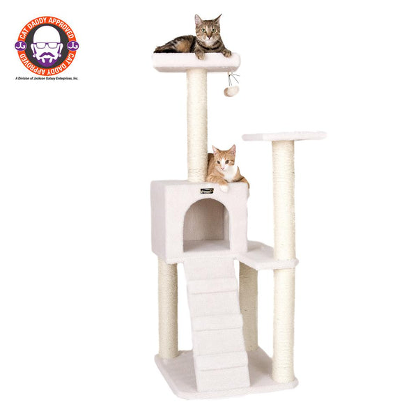 Ivory Fleece Covered 53" High Real Wood Cat Tree
