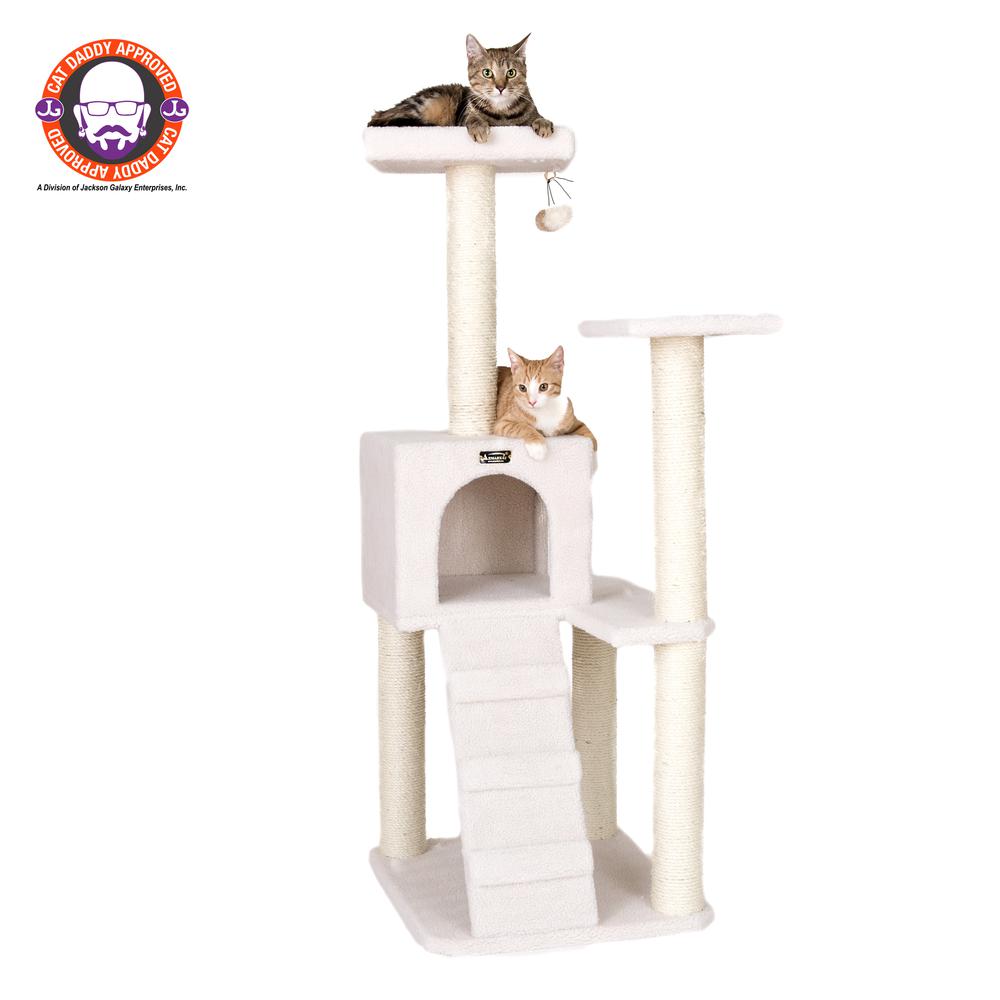 Ivory Fleece Covered 53" High Real Wood Cat Tree