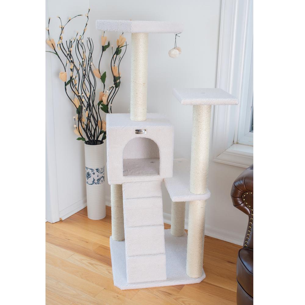 Ivory Fleece Covered 53" High Real Wood Cat Tree