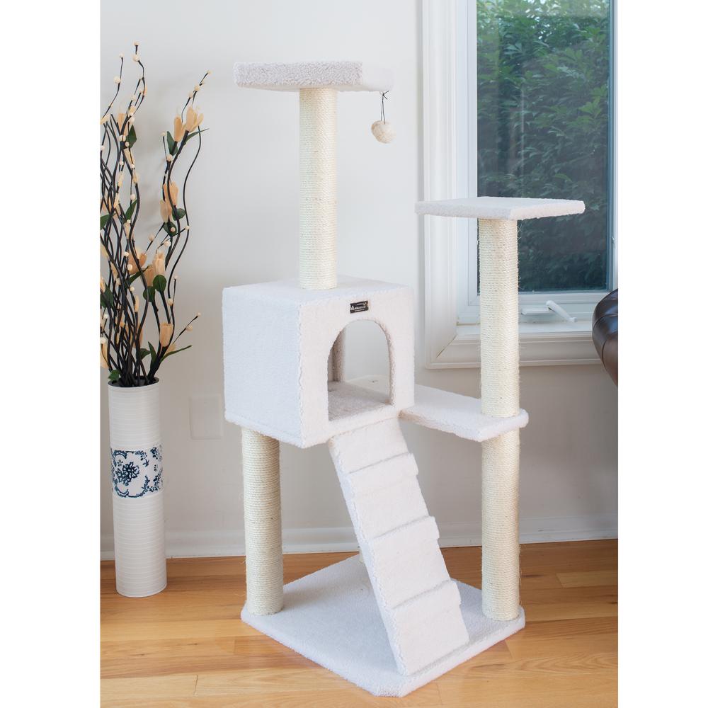Ivory Fleece Covered 53" High Real Wood Cat Tree