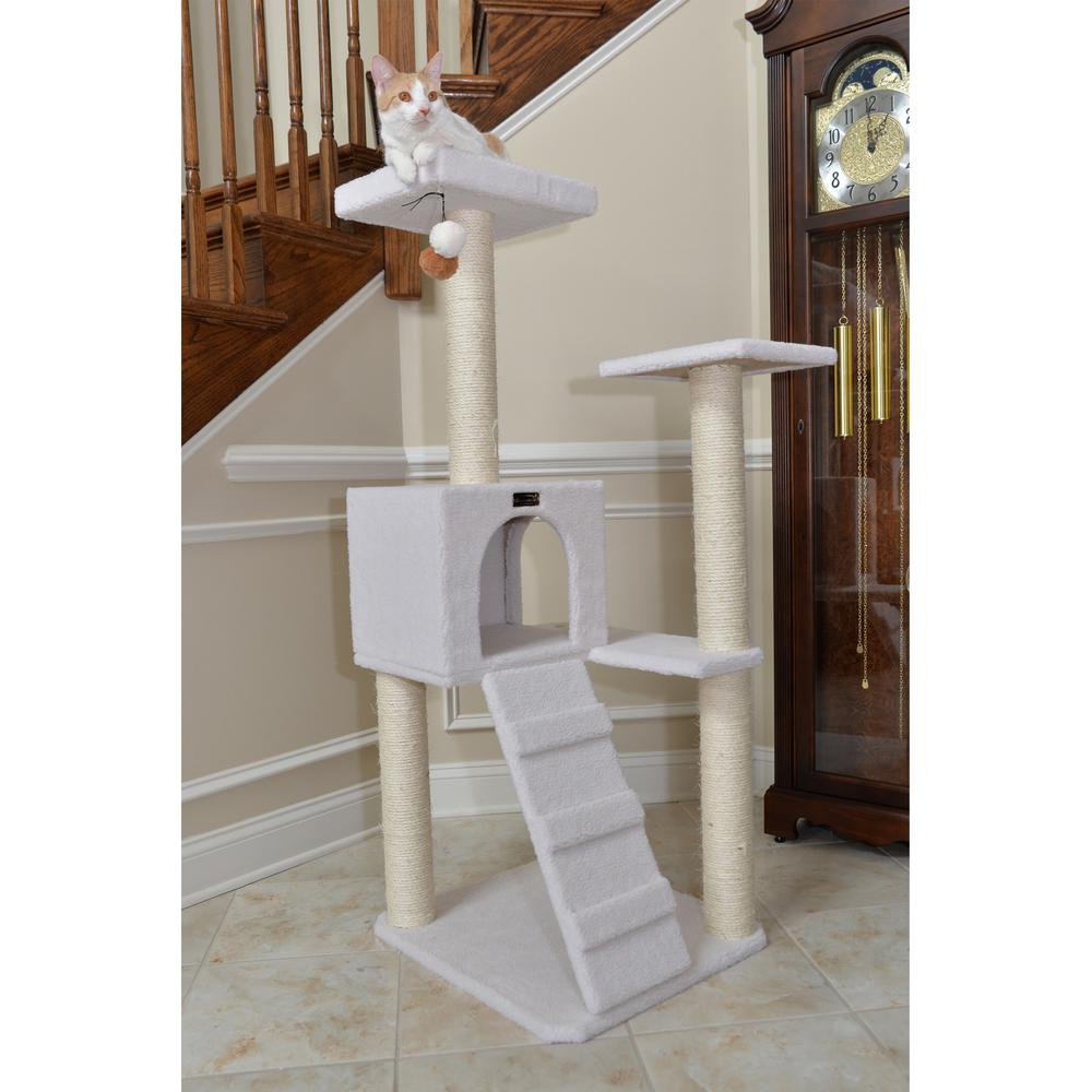 Ivory Fleece Covered 53" High Real Wood Cat Tree