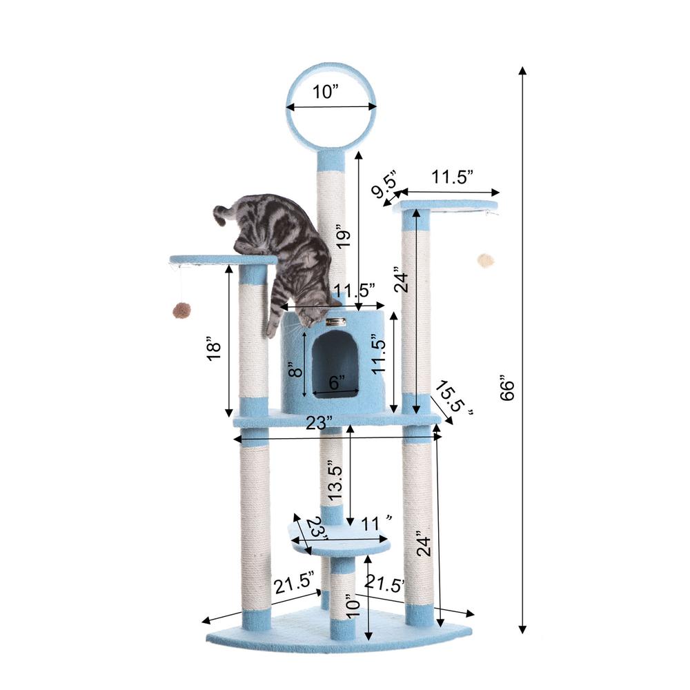 65-Inch Classic Real Wood Cat Tree In Sky Blue, Five Levels