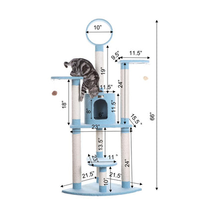 65-Inch Classic Real Wood Cat Tree In Sky Blue, Five Levels