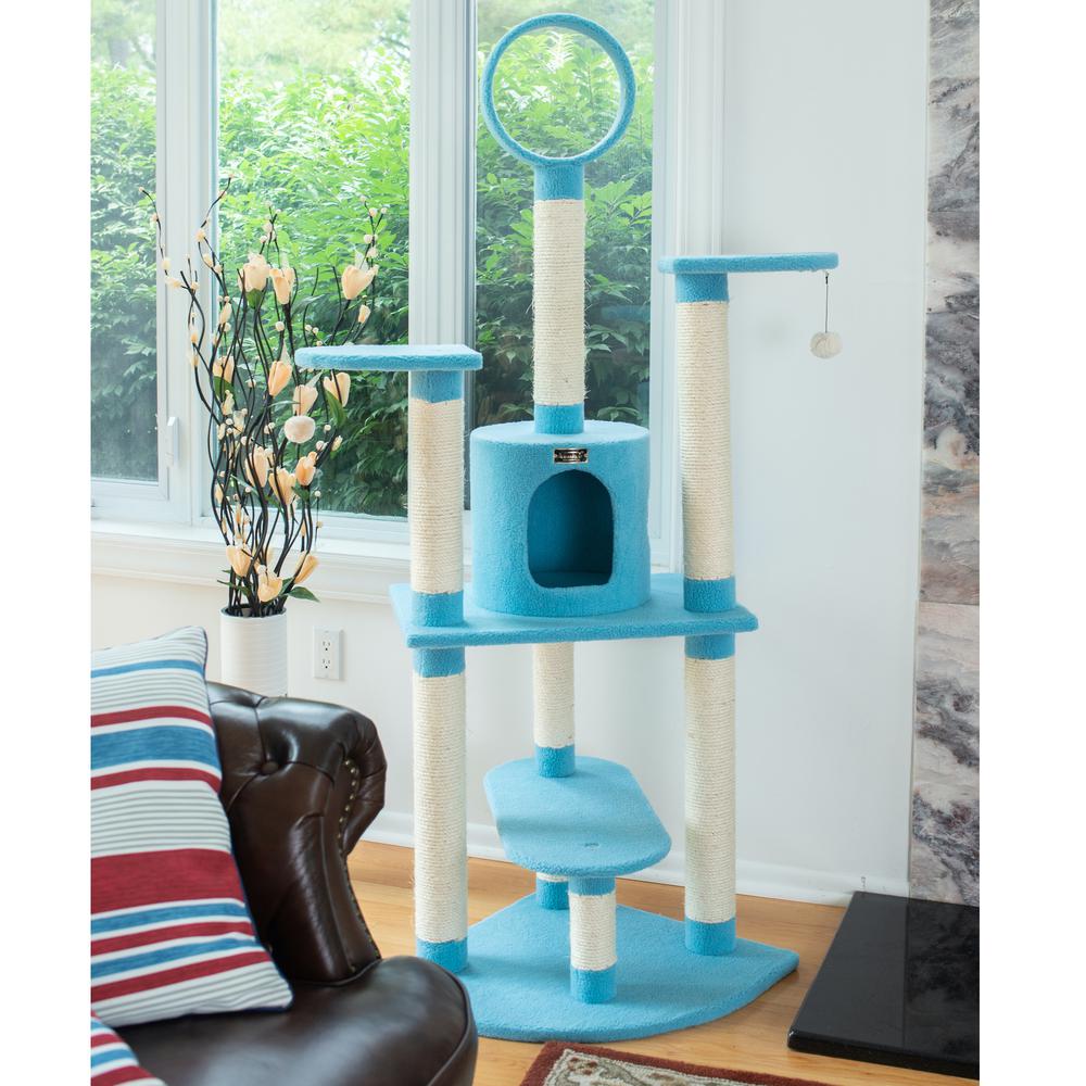65-Inch Classic Real Wood Cat Tree In Sky Blue, Five Levels