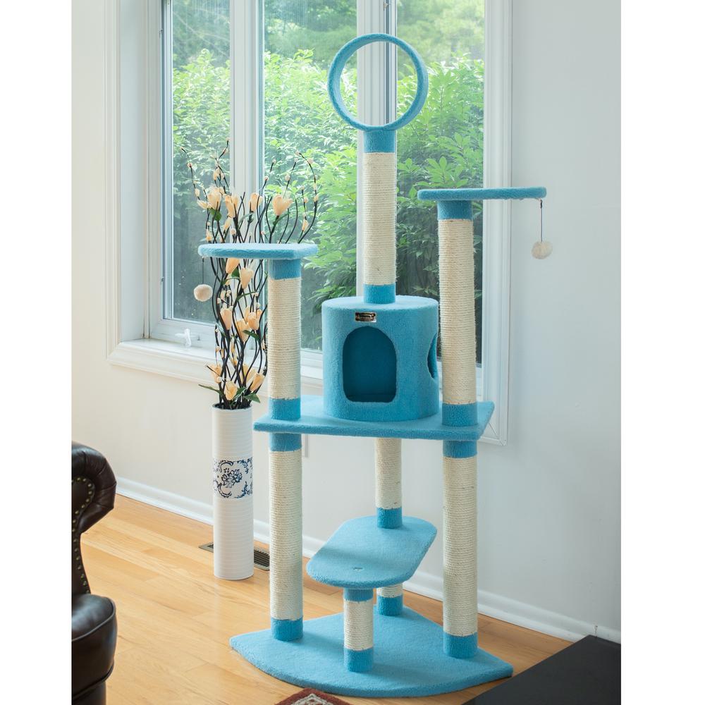 65-Inch Classic Real Wood Cat Tree In Sky Blue, Five Levels