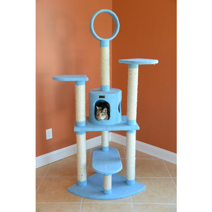65-Inch Classic Real Wood Cat Tree In Sky Blue, Five Levels