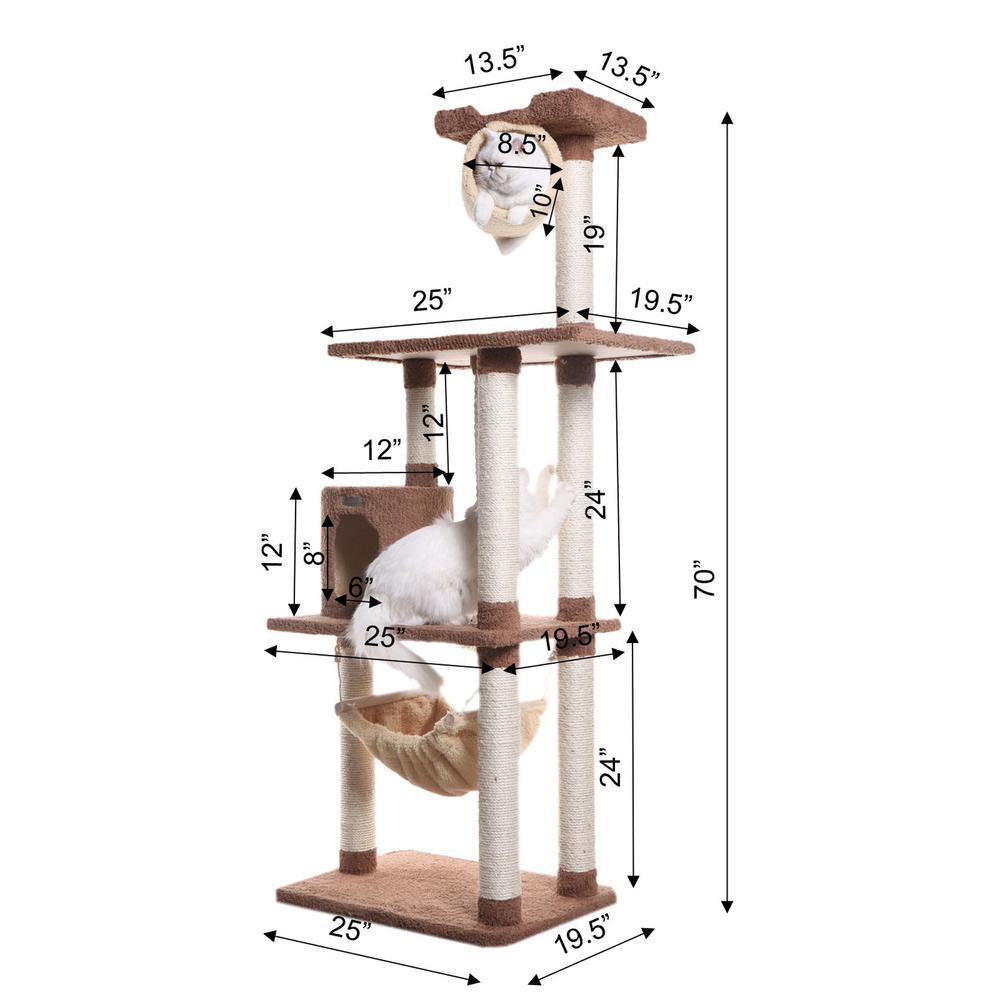 70" Real Wood Cat Tree With Scratch Posts, Hammock For Cats & Kittens