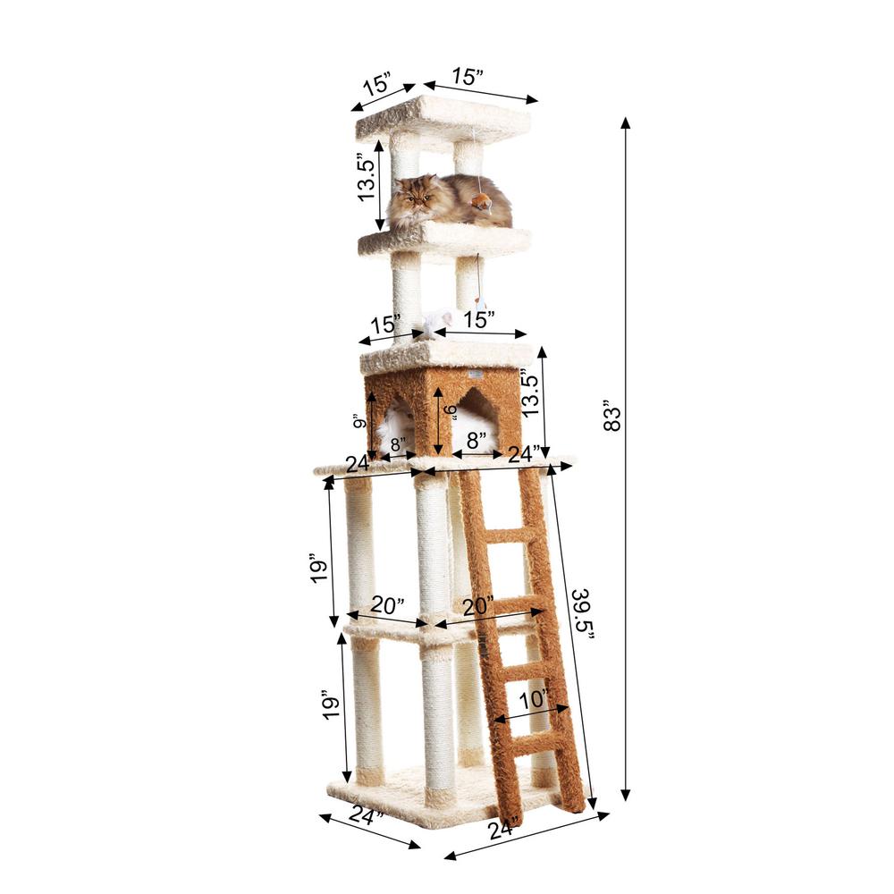 Multi-Level Real Wood Cat Tower Cat Tree In Beige